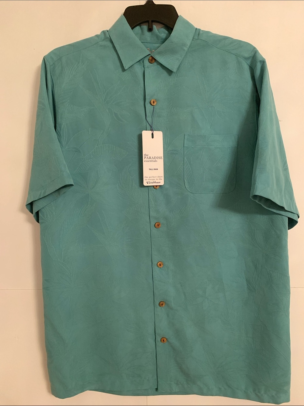 NWT Caribbean Men’s Short Sleeve Pocket Button Down Teal Shirt Size LT